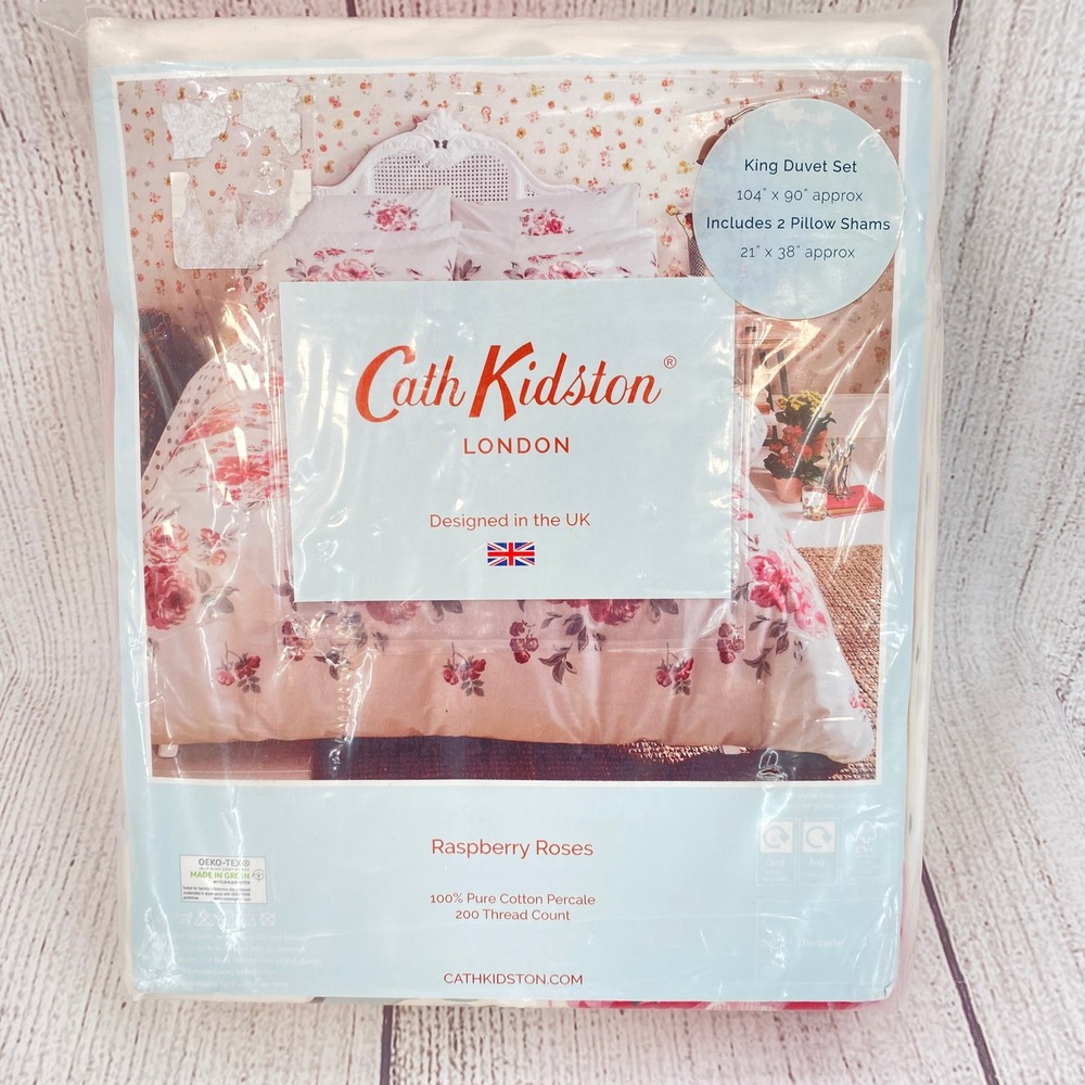 Cath Kidston Raspberry Roses Duvet Set King Pink Floral 100% Cotton Percale 3pc